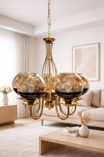Image of Weldecor Golden Metal Chandelier /Jhumar Light, 5 Glass Hanging Pendant lamp Ceiling Lights, Luxury Modern Vintage Decorative Lighting for Dining Room, Living Room, Hall & Home Interior