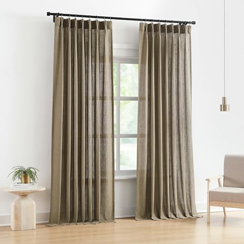Image of Vision Home Brown Pinch Pleated Semi Sheer Curtains Textured Linen Blended Light Filtering Window Curtains 90 inch for Living Room Bedroom Pinch Pleat Drapes with Hooks 2 Panels 40 inch Wx90 L