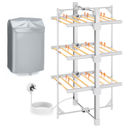 E-SMARTER Electric Heated Clothes Airer, 3 Tier Dryer Rack with 24 Heated Bars, Indoor Dryer with Zip Up Cover for Even Faster Drying, Folds Flat for Easy Storage