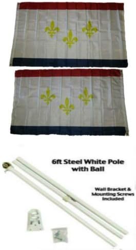 Moon 3x5 City of New Orleans Louisiana 2ply Flag White Pole Kit Gold Ball Top 3x5 - Vivid Color and UV Fade Resistant - Prime Outside Garden Home Decor