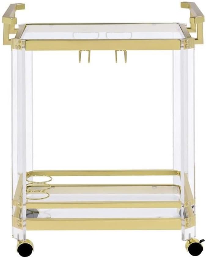 BOWERY HILL Modern Acrylic and Gold Metal Serving Cart, 35" H x 28" W x 17" D, Tempered Glass Shelves, Wine Bottle Holder, Stemware Storage, Locking Casters, Stylish Bar Cart for Entertaining