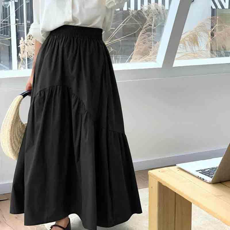 Japanese Women's Summer Solid Color Simple Half Skirt Patchwork mid Length Harajuku Large Swing Fishtail Skirt4
