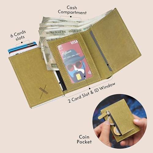 Image of The X Project Genuine Leather Wallet for Men | RFID Blocking Slim Bifold Wallet | Quick Card Eject Mechanism | Coin Pocket & ID Window | Premium Gift Box | Bold Skull Design (Green)
