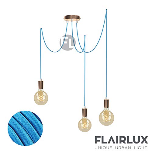Preisvergleich Produktbild Pendelleuchte 3 flammig Kupfer metall E27 mit Textilkabel DIY höhenverstellbare Deckenleuchte im Vintage design / Hängelampe Wohnzimmerlampe Deckenbeleuchtung Hängelampe (Türkis, 3x3 Meter)