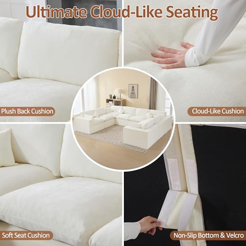 Image of 146''Cloud Boneless Sectional Couch, Modular Sectional Sofa Deep Seat, Oversized Upholstered Convertible Comfy 8 Seater Chenille Memory Foam Sofa U Shape Couches for Living Room, Beige