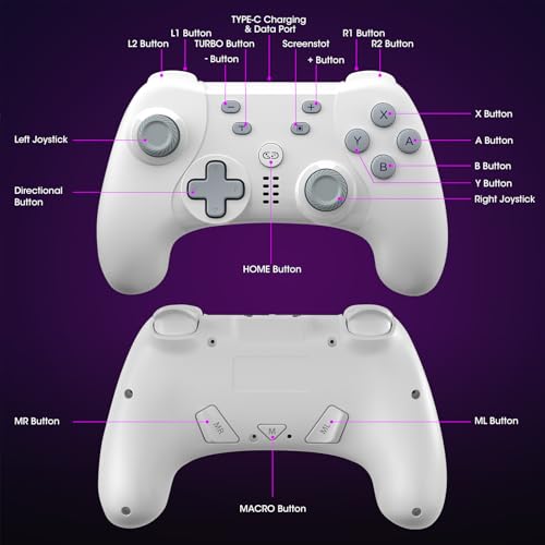 Saitake Wireless Switch Controller for Nintendo Switch/Switch 2/Lite/OLED/PC,Gamepad Supports Dual Vibration/6-Axis Gyroscope/Programmable/Turbo,Ergonomically Designed Precise Joystick (White) by Saitake - Image 3