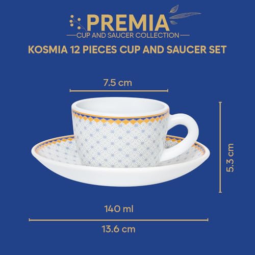 Image of Larah by BOROSIL Premia Series Kosmia 12pc Opalware Tea /Coffee Cup & Saucer Set (140ml Each) | Embossed Design, Microwave & Dishwasher Safe | Crockery Set Ideal for Daily Use & Gifting, White