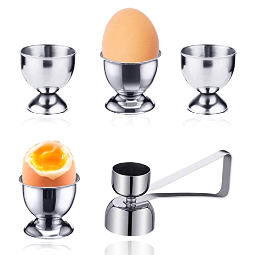 Stainless Steel Egg Cups, 4 Pieces Breakfast Tray Egg Cup Holder, Egg Holder Set, Comes with an egg opener, Small Wine Glass Shape