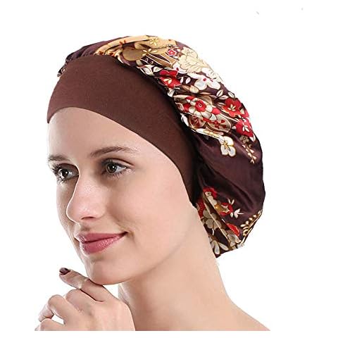 Womens Sleep Night Cap Wide Band Satin Bonnet for Hair Beauty,Hair Care Cap,Chemo Beanie,Curly Springy Hair, Coffee, One Size Cover