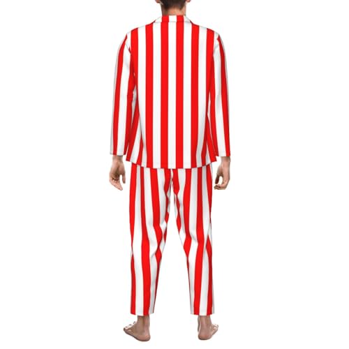Red And White Stripes Mens Pajamas Set Button Down Sleepwear Set Long Sleeve Loungewear With Pockets2