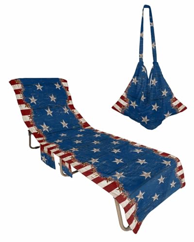 Star Stripes Flag Beach Chair Towel Covers for Chaise Lounge with Side Pocket, Soft Plush Pool Towels Cover for Patio Sunbathing Outdoor Rustic Shabby Chic Wood Grain 29''x85''