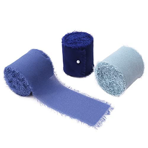 DORIS HOME 3 Rolls 2" x 7Yd Handmade Fringe Chiffon Silk Ribbon, Frayed Edges Ribbon for Wedding Invitations, Bridal Bouquets, Gifts Wrapping, DIY Crafts (Navy Blue/Electric Blue/Dusty Blue)