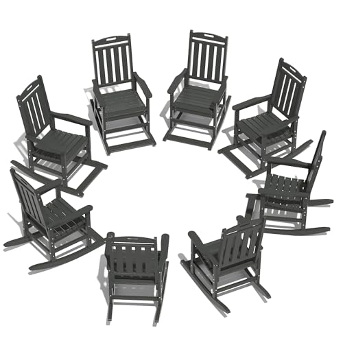LOUNZY Outdoor Rocking Chair with Footboards Set of 8, HDPE Rocking Chair Patio Porch Rocker with 380lbs Support for Adult, Grey Set of 8 Grey