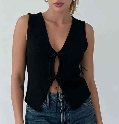 Image of Womens Vintage Knittd Tank Y2k Vest Crop Top Sleeveless V-Neck Open Front Button Crochet Knit Vests Versatile Tops