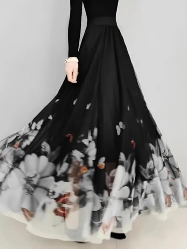 FEORJGP Womens Double-Layered Mesh Midi Skirt Elastic Waist Maxi Skirt A Line Long Skirt Summer Ruffle Pleated Midi Skirt3