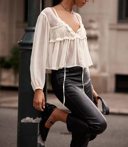 Image of Sexy Ruffle Shirt Flowy Lace Long Sleeve Front Tie Chiffon Top Boho Embroidered Peasant Blouse Summer Bow Tie Front Peplum Tops for Women