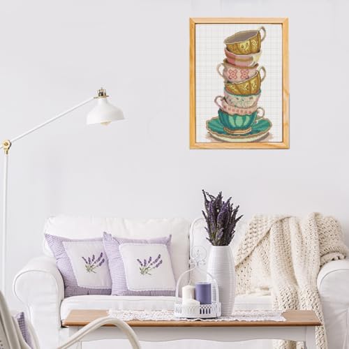 Image of FREEBLOSS Cross Stitch Kits for Beginners Tea Cups Stamped Cross Stitch Patterns Landscapes Cross Stitch Wall Hanging Kit DIY Embroidery Needlepoint Kit Embroidery Kit for Adults 35x50cm