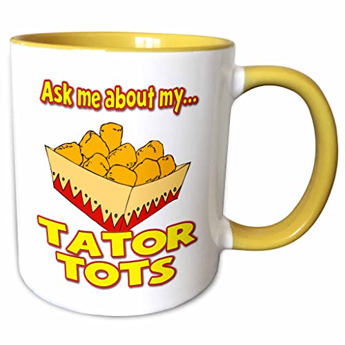 3dRose Funny Ask Me About My Tater Tots Design 15oz Two-Tone Yellow Mug