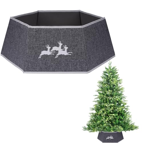 Saia de árvore de Natal dobrável de serapilheira de 26,8 polegadas, suporte de base para o pescoço, tronco, cesta, anel para decoração de árvore