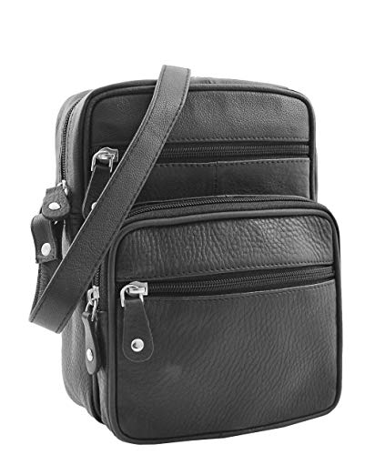 Sac à bandoulière croix corps homme en cuir véritable noir avec zips