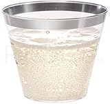 Silver Plastic Cups | 5 oz. 100 Pack | Hard Clear Plastic Cups | Disposable Party Cups | Fancy Wedding Tumblers | Nice Silver Rim Plastic Cups | Elegant Decoration Cups | Plastic Tumblers Bulk