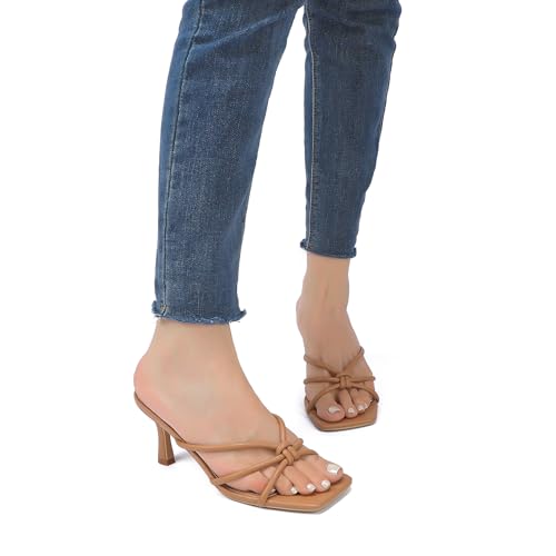 Image of Goderci Kitten Strappy Heels for Women Knotted Square Open Toe Slip On Mule Heels Mid Heeled Sandals