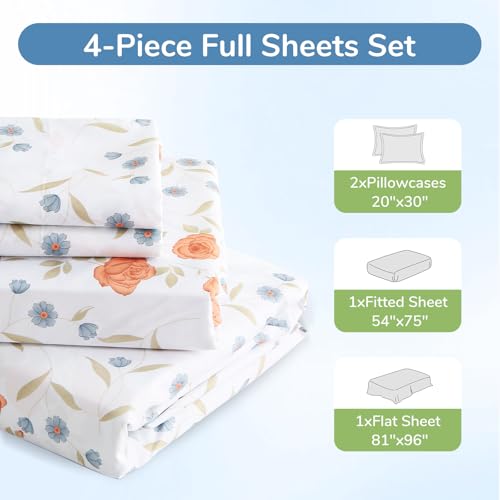 Image of MUXHOMO Full Size 4 Piece Sheet Set, Soft Sheet Set for Bedroom with Deep Pocket Up to 16 inch, Wrinkle-Free Bed Sheet with Flat Sheet, Fitted Sheet & Pillowcases - Orange Blossom