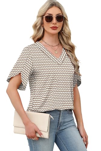 Image of WIHOLL Womens Summer Tops Short Petal Sleeve Shirts Fashion V Neck Womens Clothing