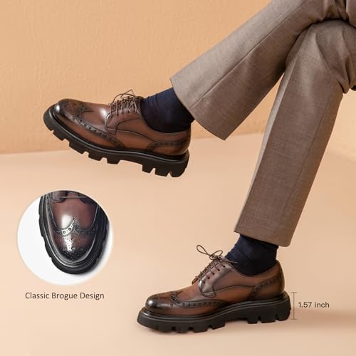 Image of BEAU TODAY Men's Wingtip Oxfords, Brogue Lace-Up Business Dress Derby Shoes | Genuine Cow Leather, Sheepskin Lining, Non-slip EVA Platform Outsole, Wingtip Brogue Design, Versatile For Work or Daily Life