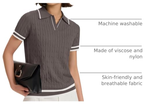 Image of Micoson Womens Short Sleeve Sweater Tops Lapel V Neck Polo Shirts 2026 Summer Cable Knit Loose Blouse Business Casual Outfits