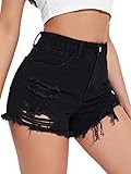 SOLY HUX Women's High Waist Ripped Raw Trim Denim Shorts Casual Summer Short Jeans with Pockets Pure Black L