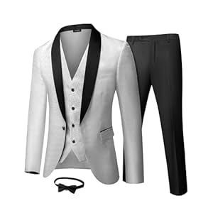 YND Men’s 3 Piece Slim Fit Tuxedo Suit Set, One Button Shawl Collar Floral Business Blazer Jacket Vest Pants with Bow Tie
