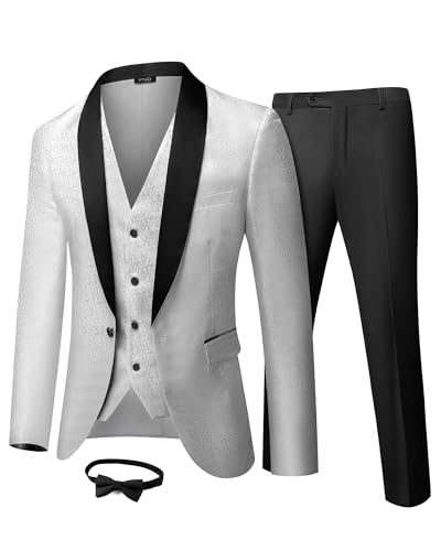 YND Men's 3 Piece Slim Fit Tuxedo Suit Set, One Button Shawl Collar Floral Business Blazer Jacket Vest Pants with Bow Tie