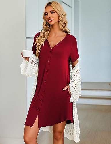 Image of Ekouaer Women's Button Down Nightgown Short Sleeve Sleepshirt V Neck Night Shirt Soft Pajamas Dress with Pockets