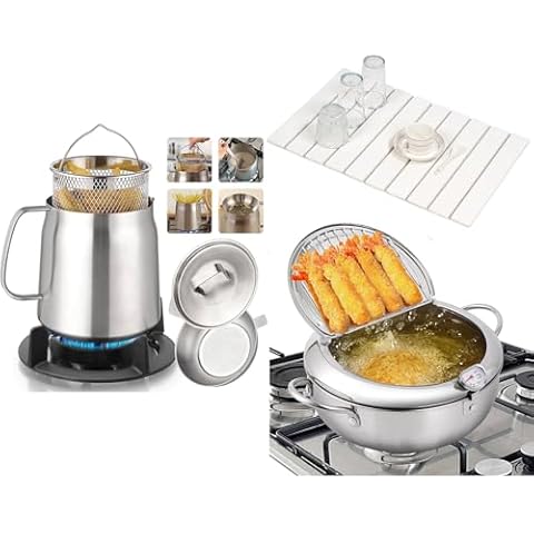 Ultimate Kitchen Frying & Grease Management Set: 2L Stainless Steel Oil Filter Pot with Strainer for Storing Grease, Deep Fryer Pot with Thermometer for Frying, and Diatomaceous Stone Dish Drying Mat Cover