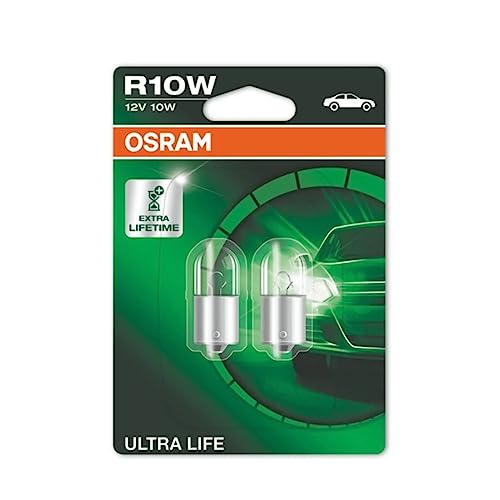 OSRAM ULTRA LIFE R10W, Lámpara halógena, luz trasera, luz de matrícula, luz de estacionamiento y luz de posición, 5008ULT, automóvil de 12 V, estuche (10 unidades)