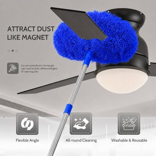 Image of Maxoshine Fan Cleaner Brush with Long Rod Flexible Fan Cleaning Mop Microfiber Dust Cleaner Foldable Duster Microfiber Duster for Cleaning of Home, Kitchen, Car (Dark-Blue)