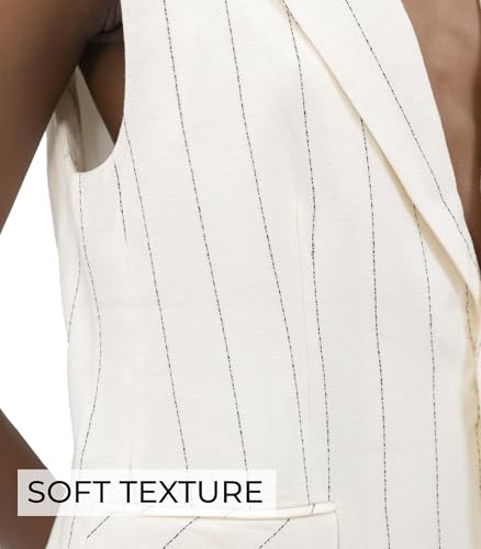 Womens Vest Linen Beige Peak Lapel Button Front Flap Pocket Single Breast Stripe for Women2