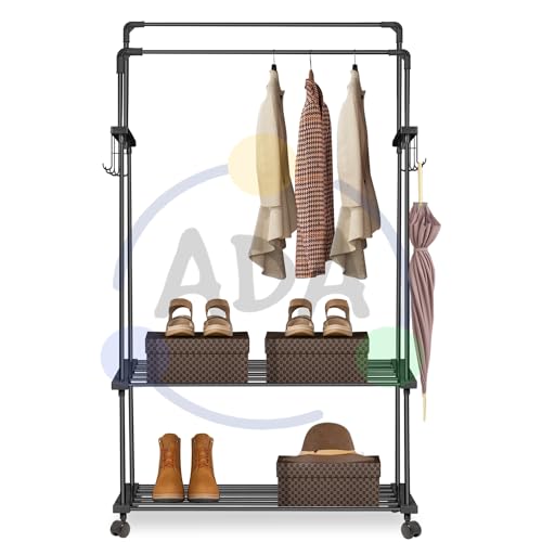 Image of ADA Premium Heavy Duty Metal Garment Rack on Wheels, Dual Layer Clothes Hanging Rail with 10 Side Hooks, 2 Lower Storage Shelves, Clothing Organizer Stand for Bedroom, Laundry Room & Home - Black