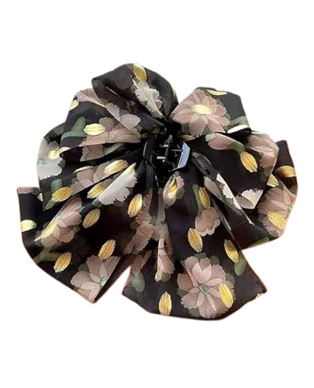 Ziory Black Floral Print Scrunchie Hair Tie, Black and Gold Shades,Multi Layers Floral & Bow Detailed Hair Clip - Multi Colour-image-47