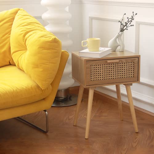 AWASEN Nightstand Mid Century Modern Side Table with Rattan Drawer, End Table with Storage and Solid Wood Legs for Bedroom Living Room Small Space, Easy Assembly (Natural Walnut) - Image 2