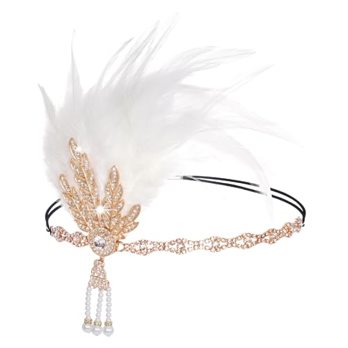 Tongcloud 1920s Flapper Feather Headband Roaring 20s Gatsby Headpiece Women's 1920s Headband Flapper Feather Headpiece (White)