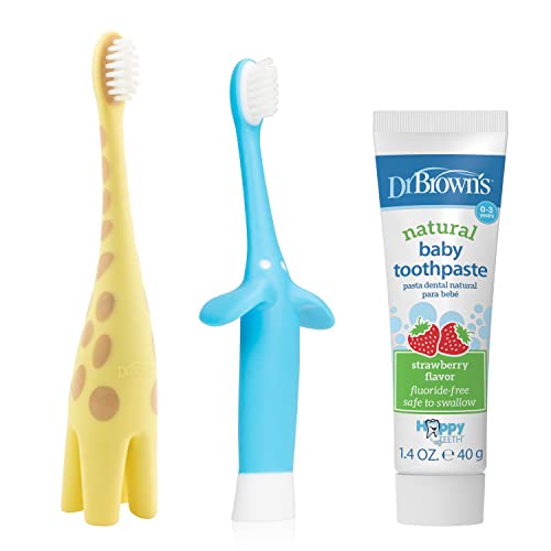 Image of Dr. Brown's Infant to Toddler Giraffe and Blue Elephant Toothbrushes with Baby Toothpaste, Strawberry 1.4oz