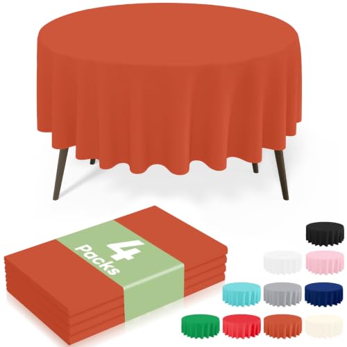 Image of misaya 4 Packs Disposable Plastic Table Cloth, 84 inch Round Waterproof Tablecloth, Leakproof & Sturdy Decorative Table Covers for Picnic, Party and Outdoor, Rust