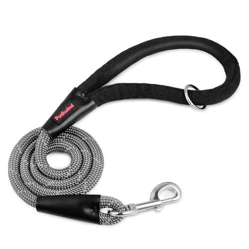 Pudiwind Rope Dog Leash 4 FT, 1/2 Inch Heavy Duty Round Dog Leash with Soft Padded Non-Slip Handle, Reflective Nylon Rope & Strong Metal Clip for Medium Large Giant Dogs,Black