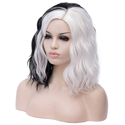 Image of BERON 14 inch Women Girls Short Curly Bob Wavy Wig Body Wave Halloween Cosplay Costume Daily Party Wigs (Black and White)