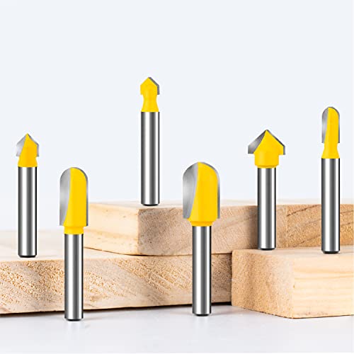1/4” Shank 90 Degree V-Groove and Round Nose Groove Router Bit Set 6pcs, Carbide Tipped Wood Milling Cutter Tool Set