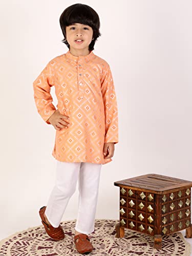 Image of superminis Boys Silver Foil Printed Kurta, Round Collar, Full Sleeves With White Pyjama Cotton Kurta Set