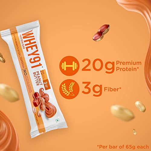 Image of WHEY91 Peanut Butter Protein Bar | 20G Protein & 3G Fibre Per Bar | Immunity Booster Lactoferrin | No Added Preservatives |No Added Sugar |(Pack Of 6 Bars), 390 Gram