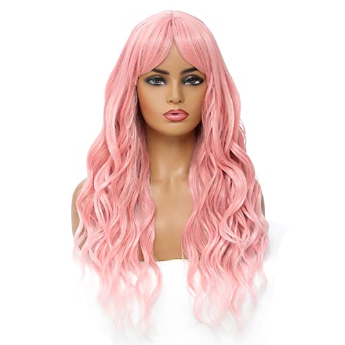 SWACC Long Curly Wavy Wig with Bangs Synthetic Hair Wig for Women with Wig Cap (Pink Ombre)